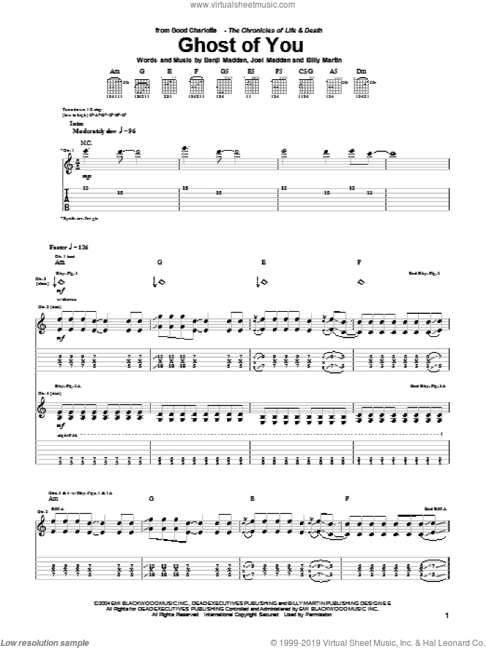 Ghost Of You sheet music for guitar (tablature) by Good Charlotte, Benji Madden, Billy Martin and Joel Madden, intermediate skill level