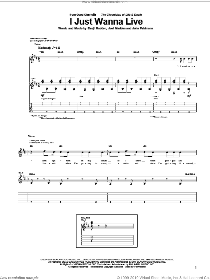 I Just Wanna Live sheet music for guitar (tablature) by Good Charlotte, Benji Madden, Joel Madden and John Feldmann, intermediate skill level