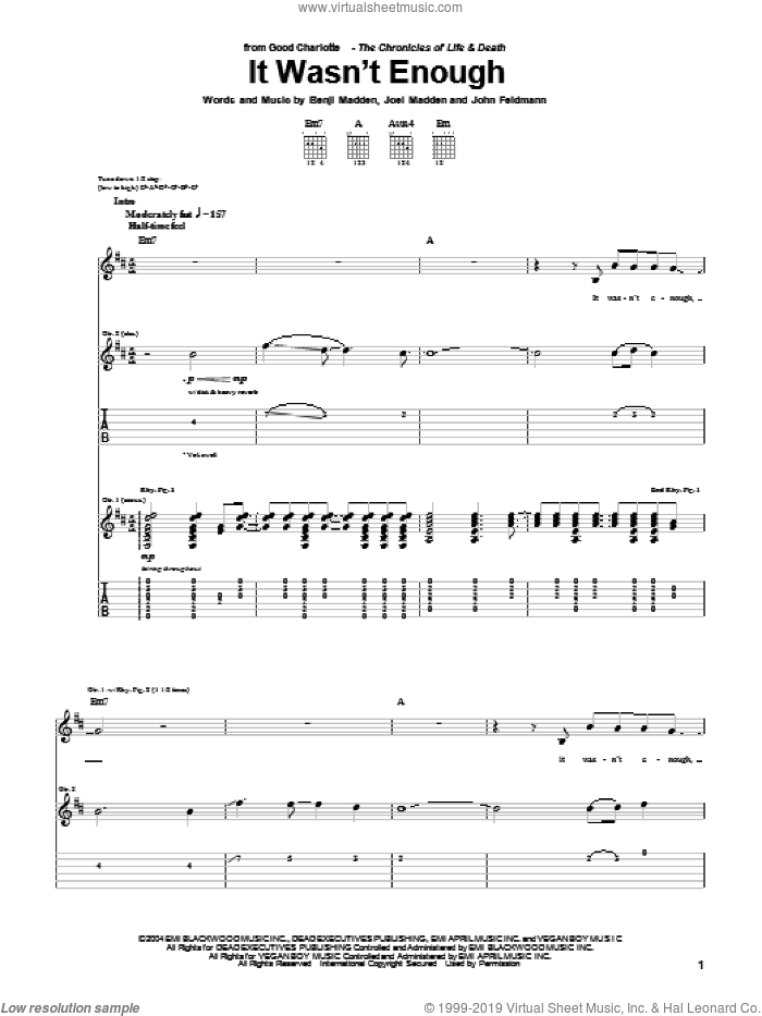 It Wasn't Enough sheet music for guitar (tablature) by Good Charlotte, Benji Madden, Joel Madden and John Feldmann, intermediate skill level