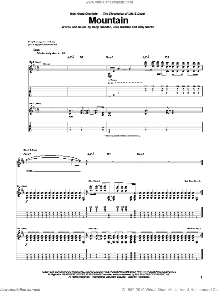 Mountain sheet music for guitar (tablature) by Good Charlotte, Benji Madden, Billy Martin and Joel Madden, intermediate skill level