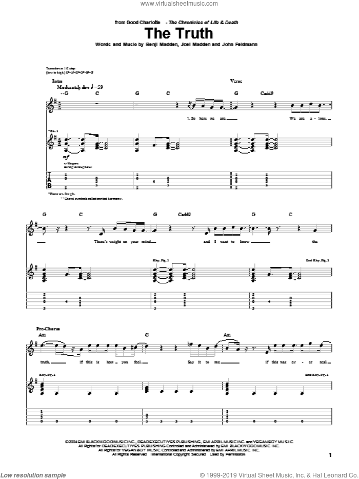 The Truth sheet music for guitar (tablature) by Good Charlotte, Benji Madden, Joel Madden and John Feldmann, intermediate skill level