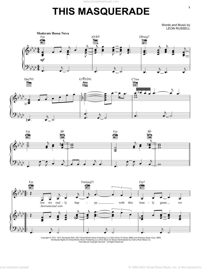 This Masquerade sheet music for voice, piano or guitar by Carpenters, George Benson and Leon Russell, intermediate skill level