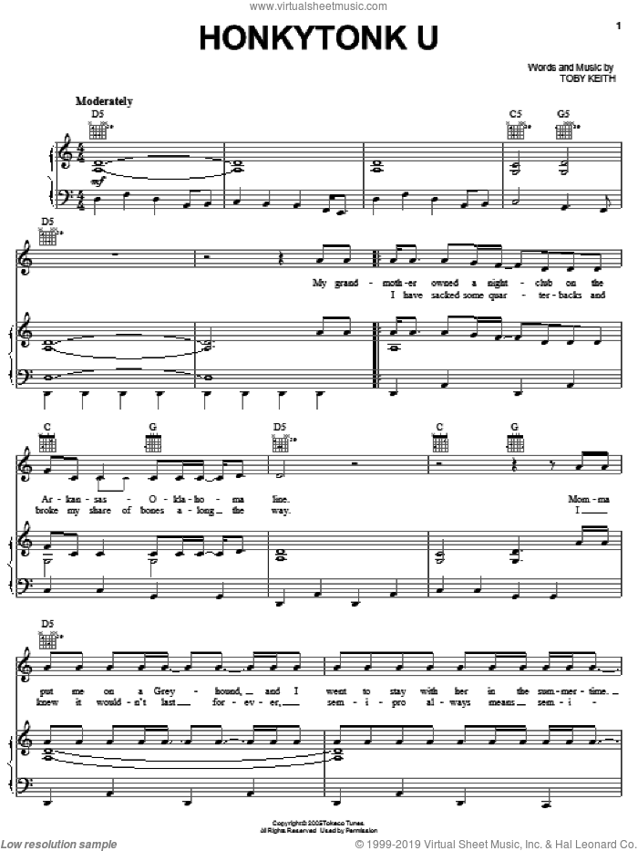 Honkytonk U sheet music for voice, piano or guitar by Toby Keith, intermediate skill level