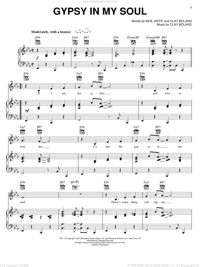 Gypsy In My Soul sheet music for voice, piano or guitar by Moe Jaffe, Sammy Davis, Jr. and Clay Boland, intermediate skill level