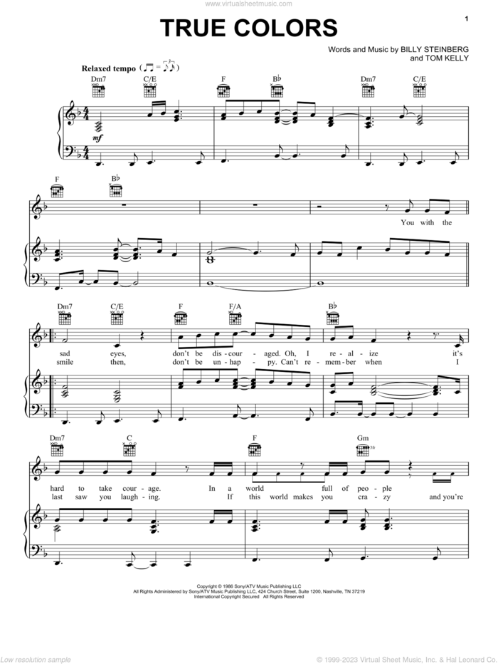 True Colors sheet music for voice, piano or guitar by Billy Steinberg, Cyndi Lauper, Miscellaneous, Phil Collins and Tom Kelly, intermediate skill level