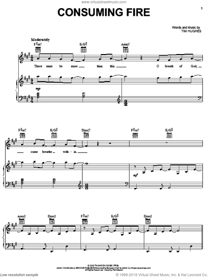 Consuming Fire sheet music for voice, piano or guitar by Tim Hughes, intermediate skill level