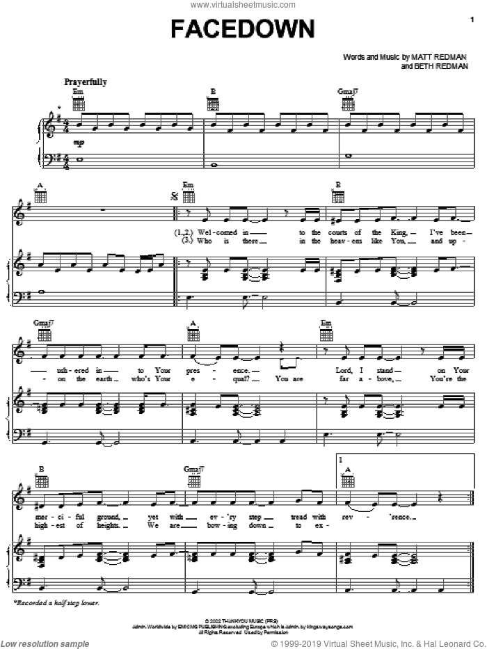 Facedown sheet music for voice, piano or guitar by Matt Redman and Beth Redman, intermediate skill level