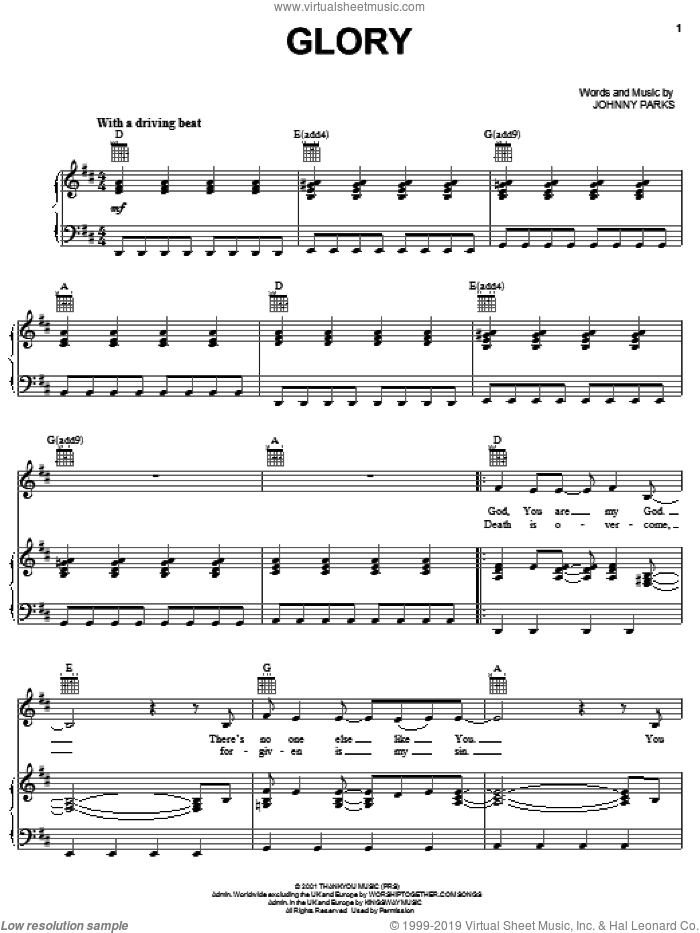 Glory sheet music for voice, piano or guitar by Johnny Parks, intermediate skill level