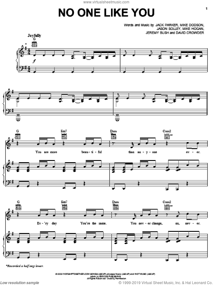 No One Like You sheet music for voice, piano or guitar by David Crowder Band, David Crowder, Jack Parker, Jason Solley, Jeremy Bush, Mike Dodson and Mike Hogan, intermediate skill level