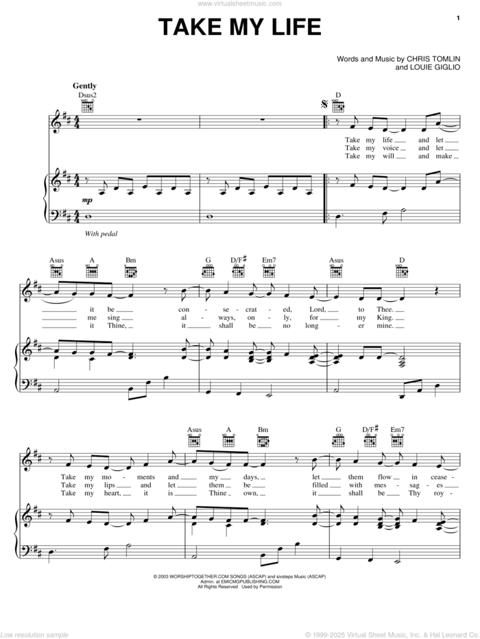 Take My Life sheet music for voice, piano or guitar by Chris Tomlin and Louie Giglio, intermediate skill level