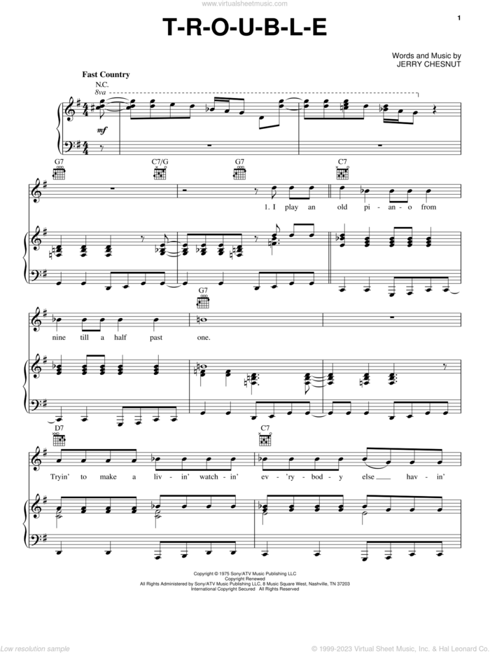 T-R-O-U-B-L-E sheet music for voice, piano or guitar by Elvis Presley, Travis Tritt and Jerry Chesnut, intermediate skill level