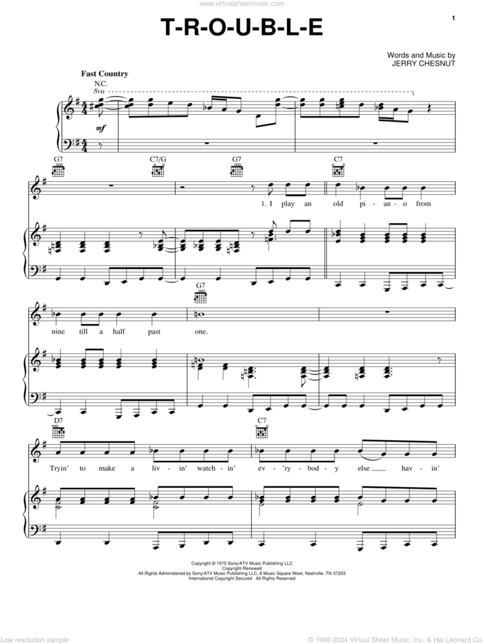 T-R-O-U-B-L-E sheet music for voice, piano or guitar by Elvis Presley, Travis Tritt and Jerry Chesnut, intermediate skill level