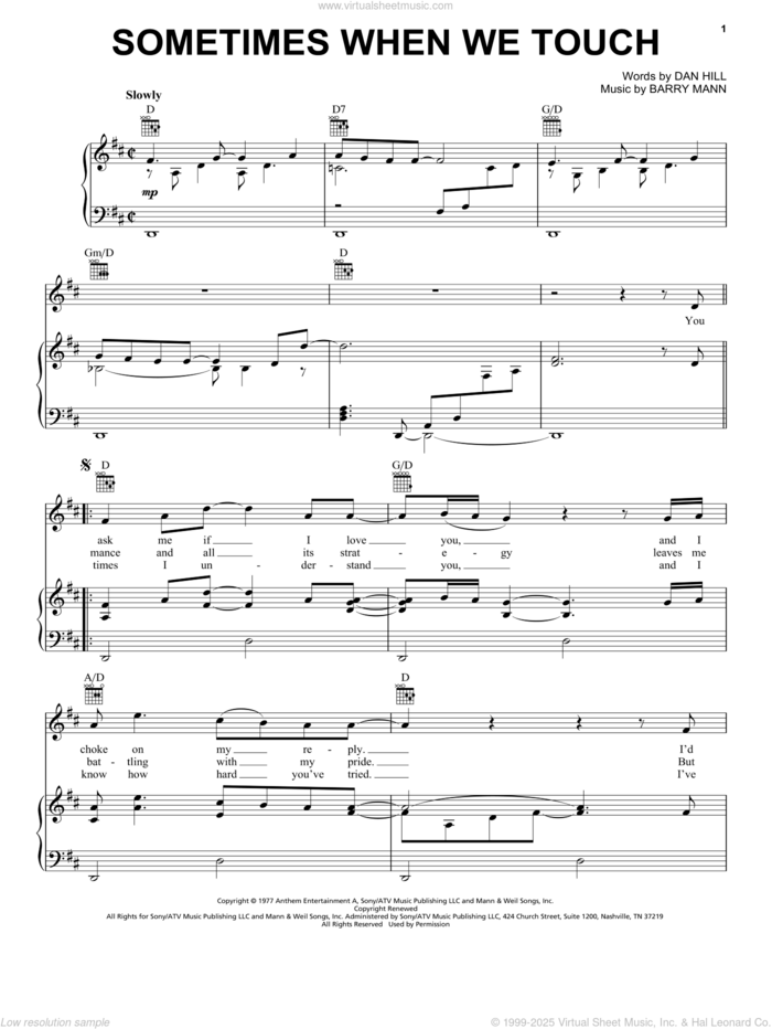 Sometimes When We Touch sheet music for voice, piano or guitar by Dan Hill and Barry Mann, wedding score, intermediate skill level