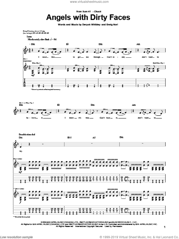Angels With Dirty Faces sheet music for guitar (tablature) by Sum 41, Deryck Whibley and Greig Nori, intermediate skill level