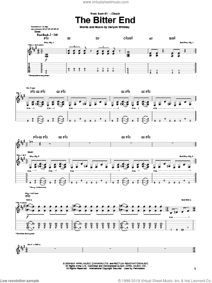 The Bitter End sheet music for guitar (tablature) by Sum 41 and Deryck Whibley, intermediate skill level