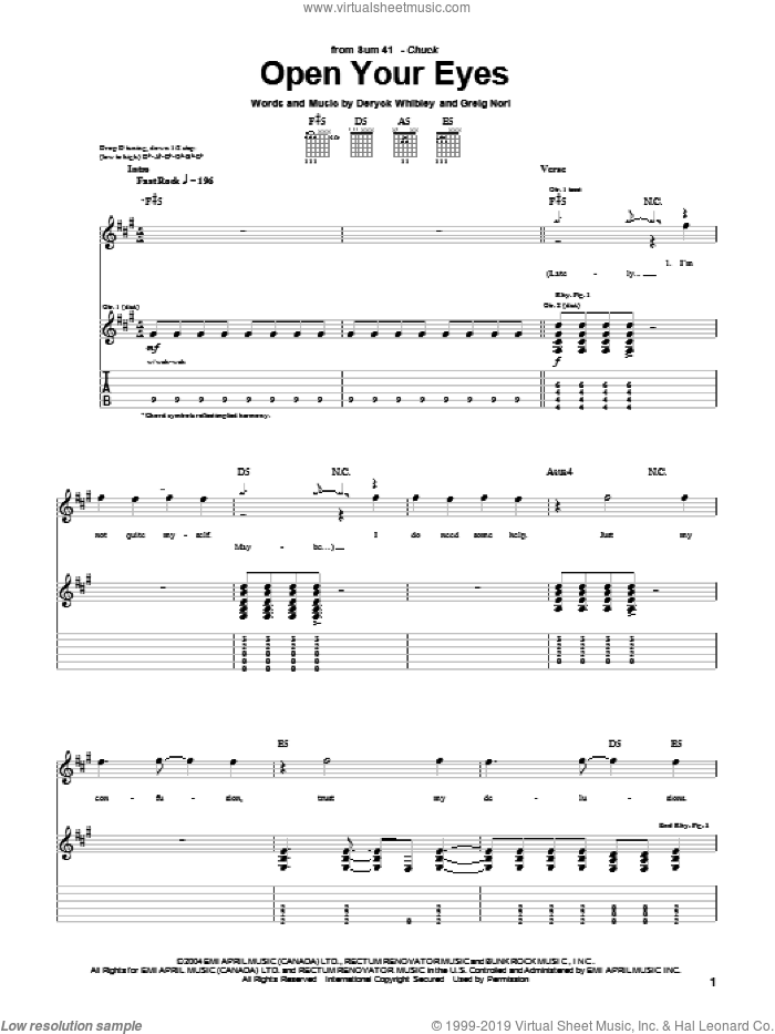 Open Your Eyes sheet music for guitar (tablature) by Sum 41, Deryck Whibley and Greig Nori, intermediate skill level