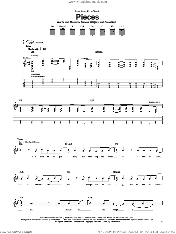 Pieces sheet music for guitar (tablature) by Sum 41, Deryck Whibley and Greig Nori, intermediate skill level