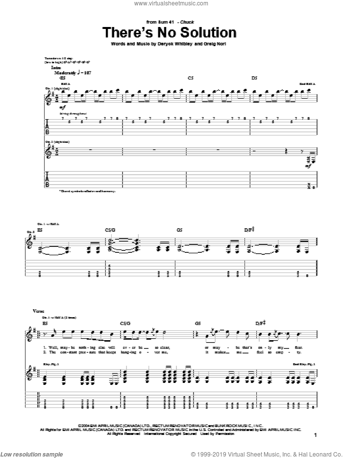 There's No Solution sheet music for guitar (tablature) by Sum 41, Deryck Whibley and Greig Nori, intermediate skill level