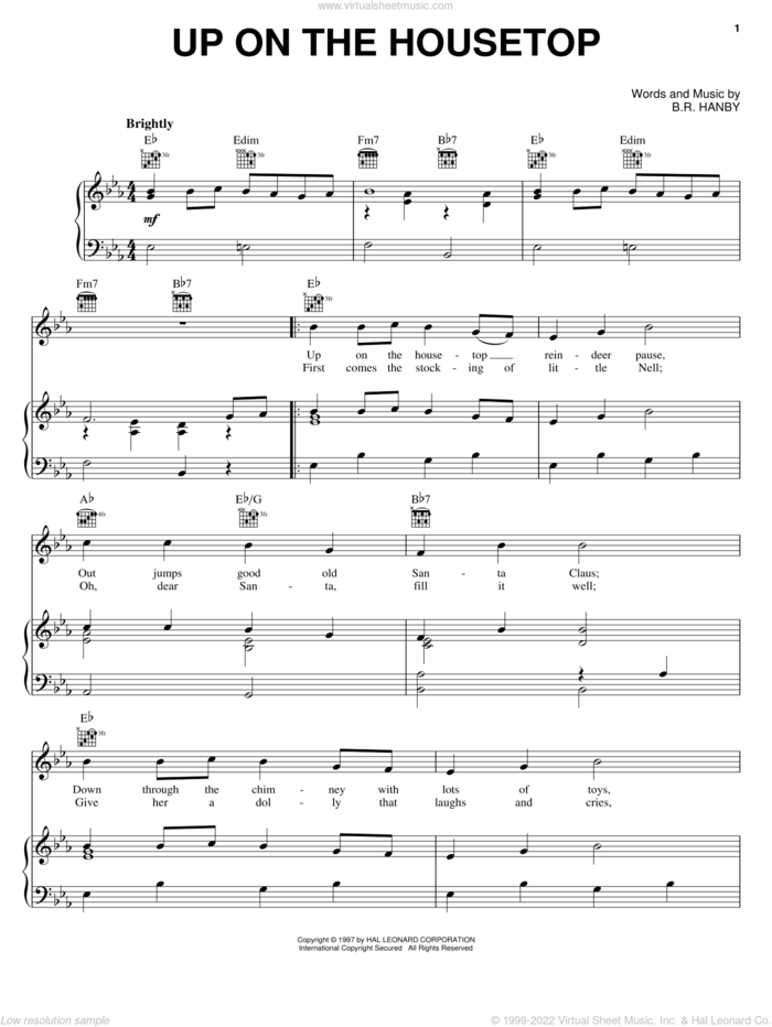 Up On The Housetop sheet music for voice, piano or guitar by Benjamin Hanby, intermediate skill level
