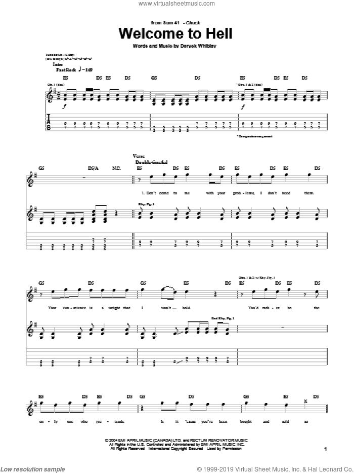 Welcome To Hell sheet music for guitar (tablature) by Sum 41 and Deryck Whibley, intermediate skill level