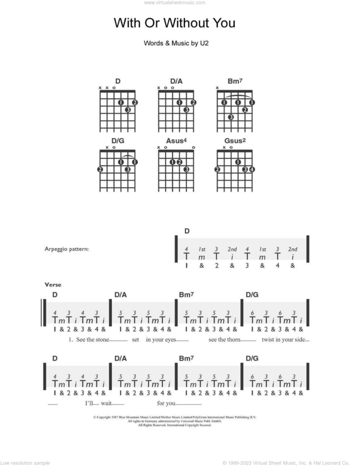 With Or Without You sheet music for guitar solo (chords) by U2, easy guitar (chords)