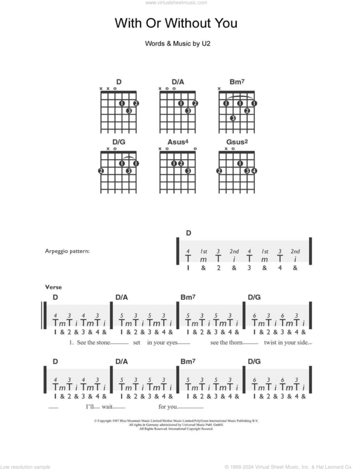 With Or Without You sheet music for guitar solo (chords) by U2, easy guitar (chords)