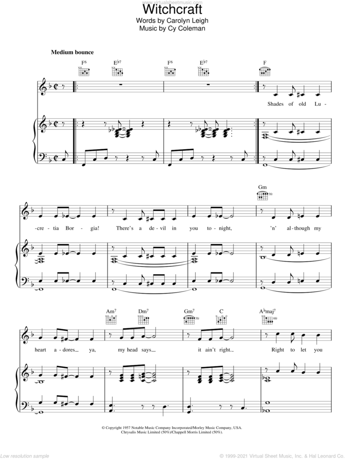Witchcraft sheet music for voice, piano or guitar by Frank Sinatra, Carolyn Leigh and Cy Coleman, intermediate skill level