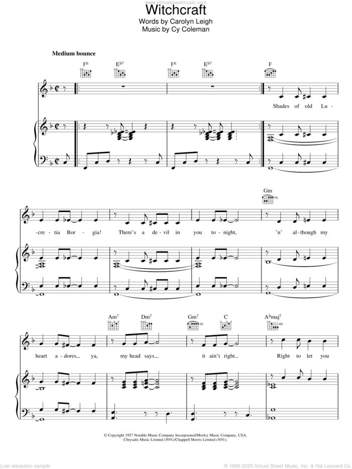 Witchcraft sheet music for voice, piano or guitar by Frank Sinatra, Carolyn Leigh and Cy Coleman, intermediate skill level