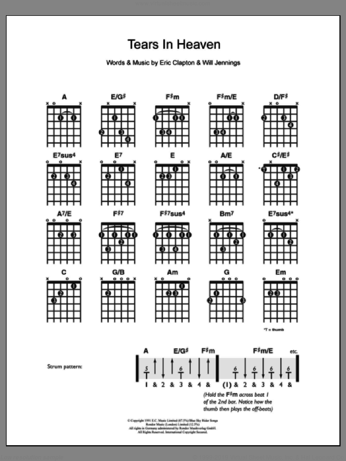 Tears In Heaven sheet music for guitar solo (chords) by Eric Clapton and Will Jennings, easy guitar (chords)