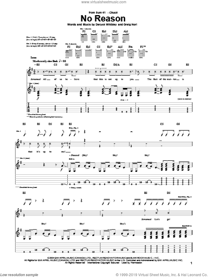 No Reason sheet music for guitar (tablature) by Sum 41, Deryck Whibley and Greig Nori, intermediate skill level