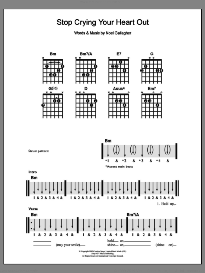 Stop Crying Your Heart Out sheet music for guitar solo (chords) by Oasis and Noel Gallagher, easy guitar (chords)