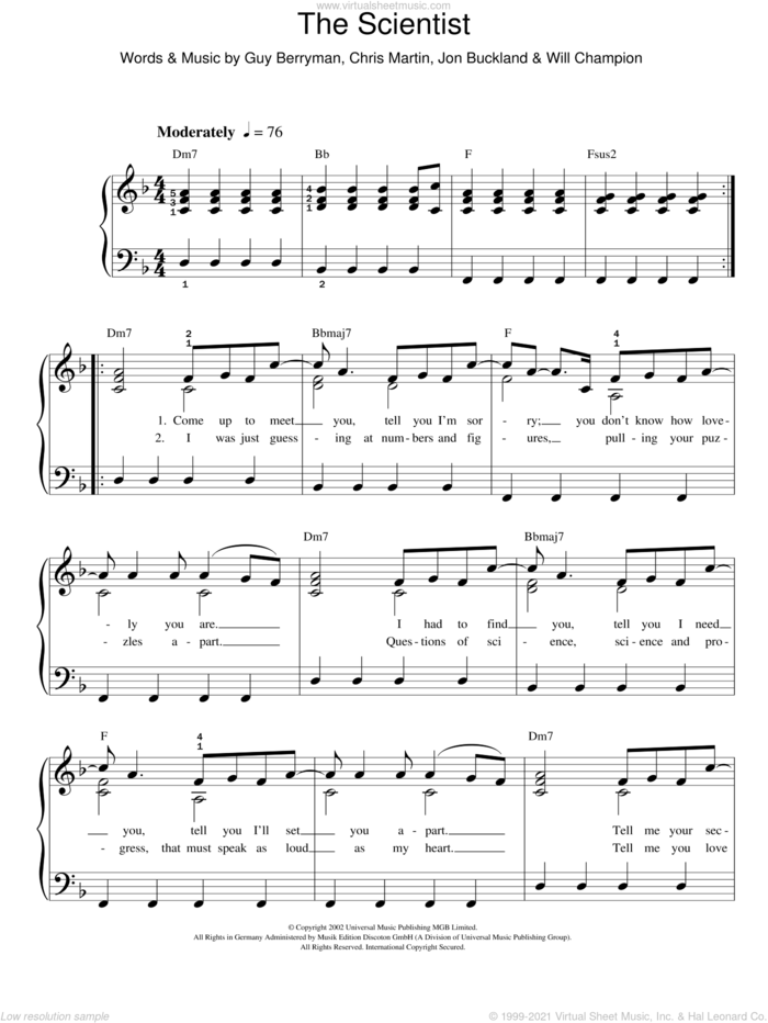 The Scientist, (easy) sheet music for piano solo by Coldplay, Chris Martin, Guy Berryman, Jon Buckland and Will Champion, easy skill level