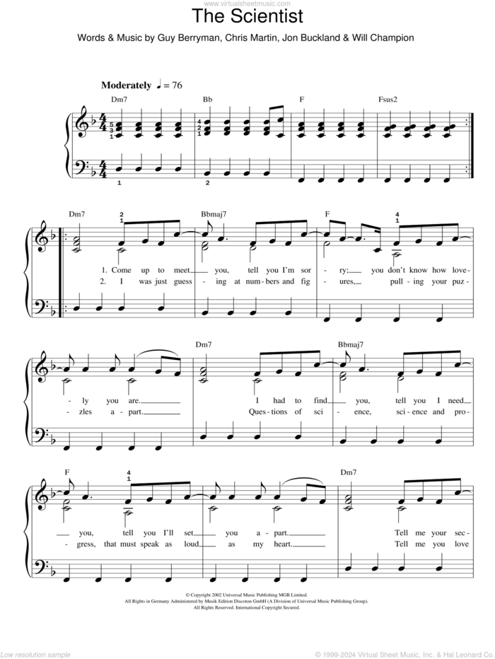 The Scientist, (easy) sheet music for piano solo by Coldplay, Chris Martin, Guy Berryman, Jon Buckland and Will Champion, easy skill level