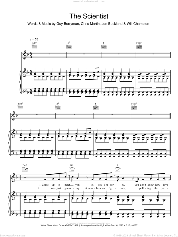 The Scientist sheet music for voice, piano or guitar by Coldplay, Chris Martin, Guy Berryman, Jon Buckland and Will Champion, intermediate skill level