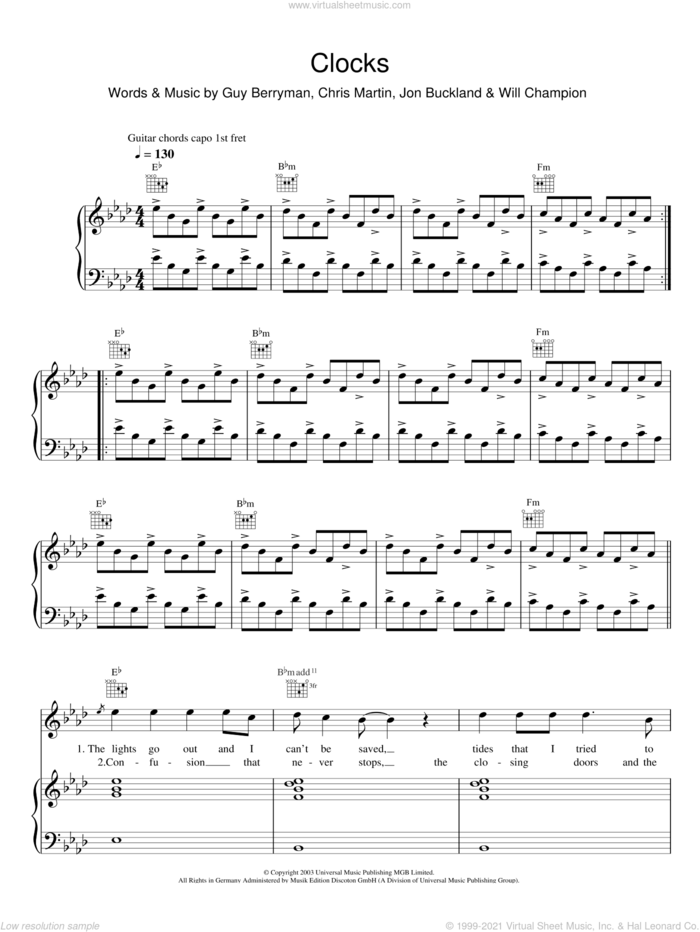 Clocks sheet music for voice, piano or guitar by Coldplay, Chris Martin, Guy Berryman, Jon Buckland and Will Champion, intermediate skill level