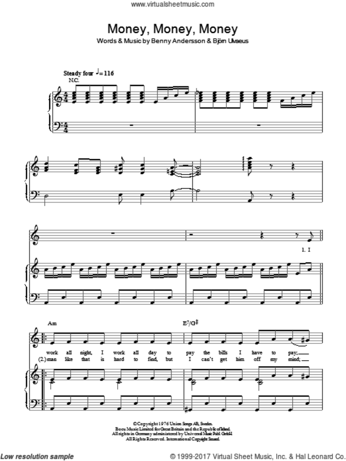 Money, Money, Money sheet music for voice, piano or guitar by ABBA, Benny Andersson and Bjorn Ulvaeus, intermediate skill level