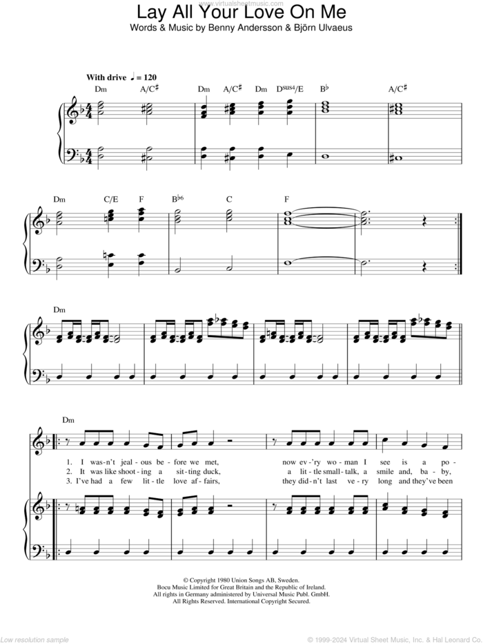 Lay All Your Love On Me sheet music for voice, piano or guitar by ABBA, Benny Andersson and Bjorn Ulvaeus, intermediate skill level