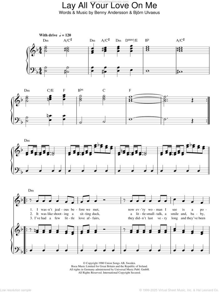 Lay All Your Love On Me sheet music for voice, piano or guitar by ABBA, Benny Andersson and Bjorn Ulvaeus, intermediate skill level