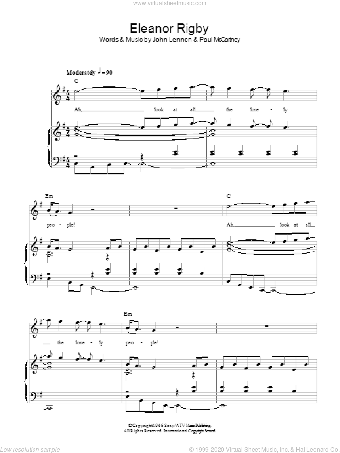 Eleanor Rigby sheet music for voice, piano or guitar by The Beatles, John Lennon and Paul McCartney, intermediate skill level