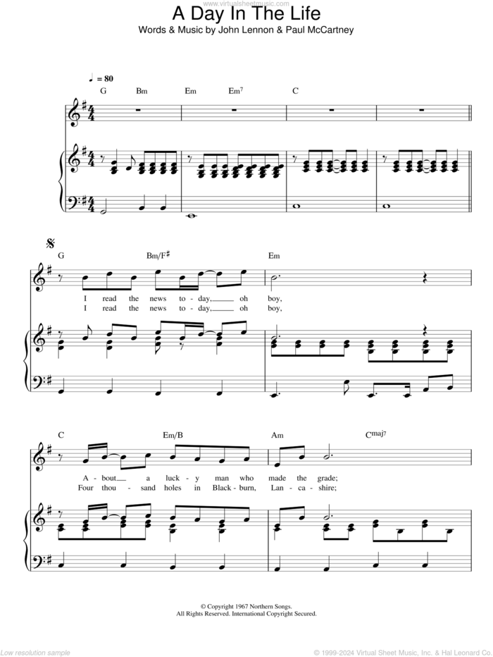 A Day In The Life sheet music for voice, piano or guitar by The Beatles, John Lennon and Paul McCartney, intermediate skill level