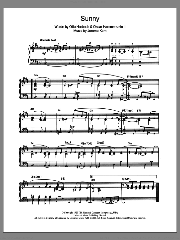 Sunny sheet music for piano solo by Jerome Kern, Oscar II Hammerstein and Otto Harbach, intermediate skill level