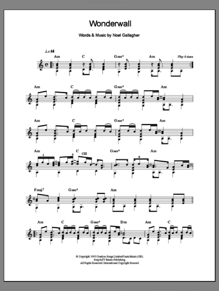 Wonderwall sheet music for guitar solo (chords) by Oasis and Noel Gallagher, easy guitar (chords)