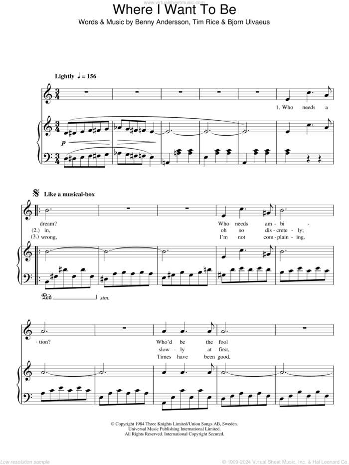 Where I Want To Be sheet music for voice and piano by Tim Rice, Chess (Musical), Benny Andersson and Bjorn Ulvaeus, intermediate skill level