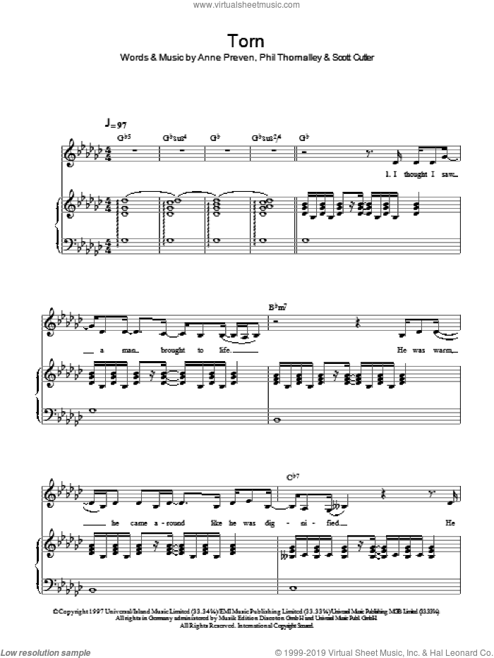 Torn sheet music for voice and piano by Natalie Imbruglia, Anne Preven, Phil Thornalley and Scott Cutler, intermediate skill level