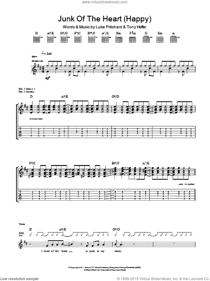 Junk Of The Heart (Happy) sheet music for guitar (tablature) by The Kooks, Luke Pritchard and Tony Hoffer, intermediate skill level