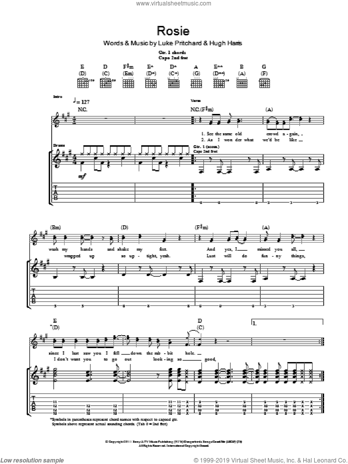 Rosie sheet music for guitar (tablature) by The Kooks, Hugh Harris and Luke Pritchard, intermediate skill level
