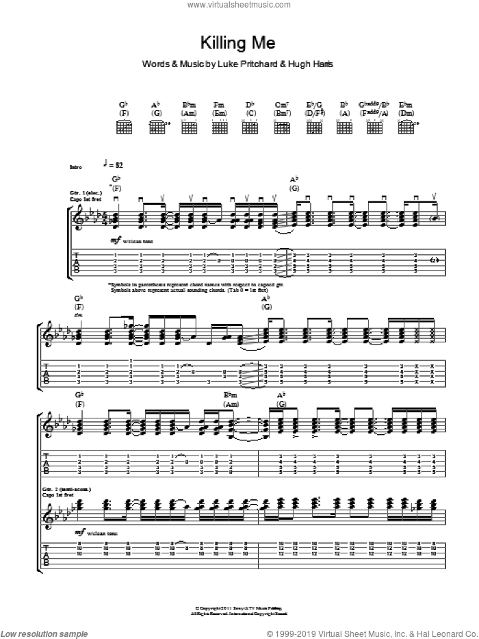 Killing Me sheet music for guitar (tablature) by The Kooks, Hugh Harris and Luke Pritchard, intermediate skill level