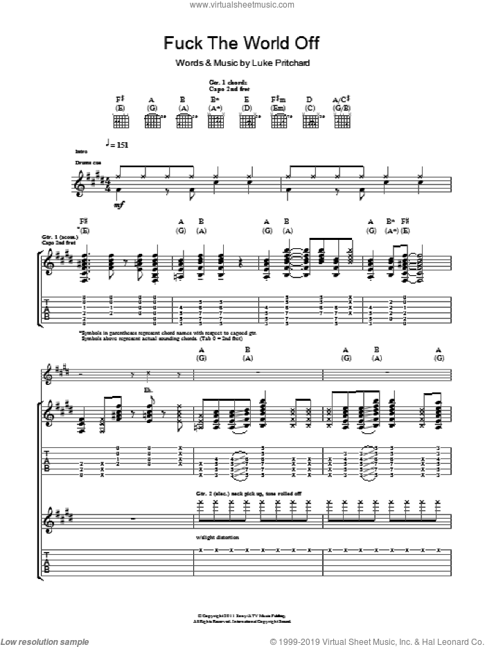 F**k The World Off sheet music for guitar (tablature) by The Kooks and Luke Pritchard, intermediate skill level