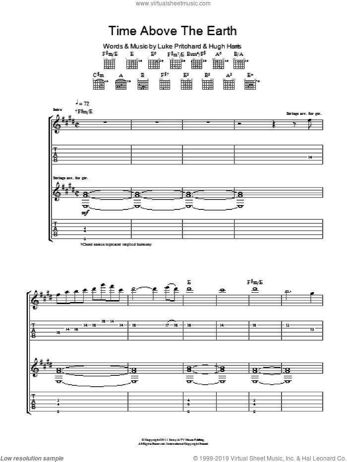 Time Above The Earth sheet music for guitar (tablature) by The Kooks, Hugh Harris and Luke Pritchard, intermediate skill level