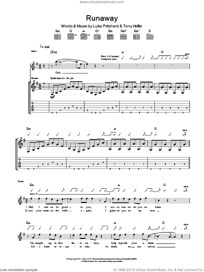 Runaway sheet music for guitar (tablature) by The Kooks, Luke Pritchard and Tony Hoffer, intermediate skill level